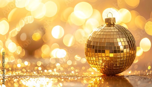 Golden Disco Ball Christmas Ornament on Blurred Background.
