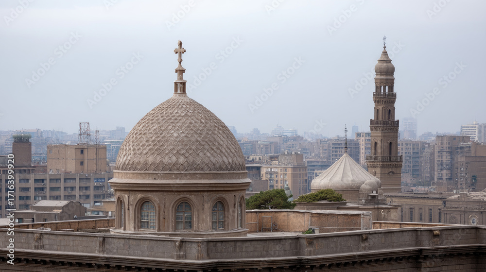Obraz premium Stunning view of city skyline featuring prominent dome topped with cross and minaret in background, showcasing blend of architectural styles in urban setting