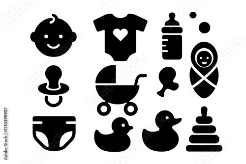 Baby essentials icon set. Simple black silhouette designs for newborns and infants. Vector glyph collection. Baby care, feeding, toys. Stroller, bottle, pacifier, diaper.