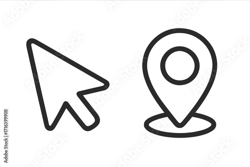 Location pin and cursor pointer icon set. GPS navigation symbol. Map marker for destination point. Digital route finding concept. Simple linear web pictograms for travel and direction. Vector.