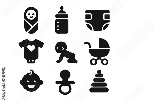 Newborn infant care glyph icon set. Simple black silhouettes of baby essentials like a bottle, diaper, pacifier, and stroller. Vector icons for baby shower and childcare.