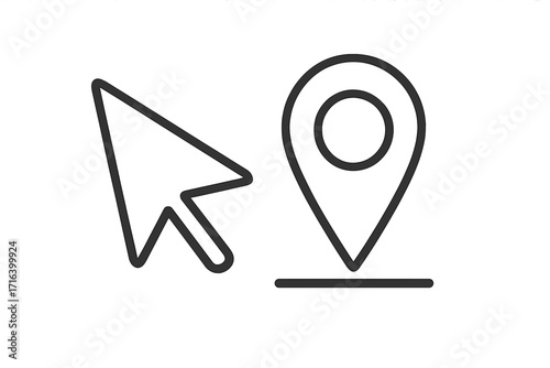 Mouse cursor clicking on a map location pin. GPS navigation & route selection concept. Destination finding & address tracking symbol. Simple linear vector icon for web apps.