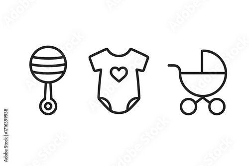 Baby essentials minimal icon set with rattle, onesie, stroller. Simple newborn line art symbols. Infant care outline vector graphics for baby shower, new parents, web design.