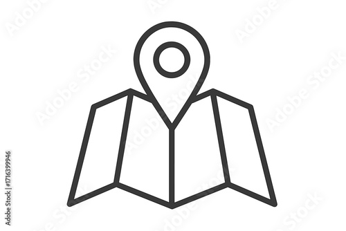 Map with pin icon for location, destination, and route planning. Vector line art symbol for navigation, GPS, and travel guide. Simple pictogram for pinpointing a place.