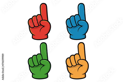 Number one fan foam finger vector icon set. Colorful hand glove illustration for sports supporters. Champion, winner concept gesture. Cartoon graphic collection.