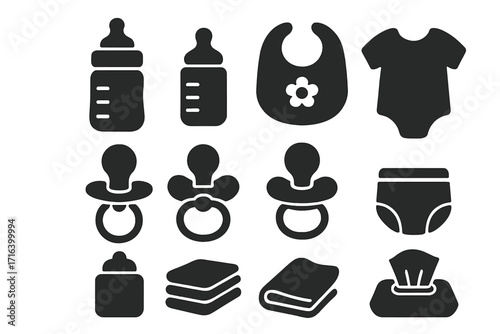 Baby care essentials minimalist icon set. Vector silhouette collection of feeding bottle, pacifier, bib, diaper, bodysuit, wipes. Newborn childcare graphic elements.
