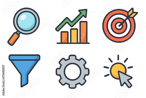 Business marketing icon set for digital strategy. Growth chart for analysis, target for goals, sales funnel for conversion, gear for process, and pay-per-click symbol.