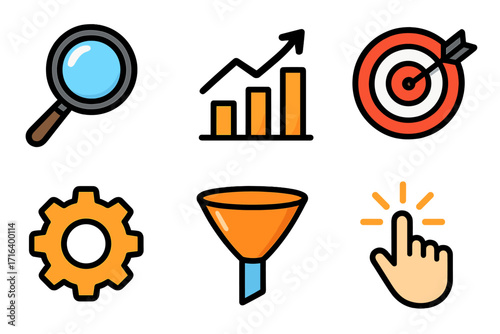 Business marketing icon set for digital strategy. Icons for SEO, sales funnel, data analysis, target audience, growth chart, gear for process & click symbol for PPC.