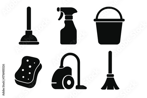 Cleaning service vector icons set. Household chores and janitorial equipment silhouette collection. Plunger, spray bottle, bucket, sponge, vacuum, and broom symbols.