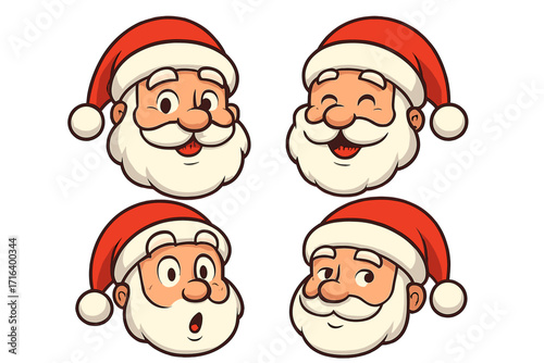 Santa Claus face expressions vector set. Cartoon Santa head character with different emotions: happy, surprised, winking, smiling. Christmas holiday emoticon collection.