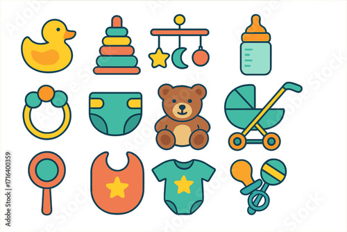 Colorful flat icon set of baby toys and essentials for childcare. Vector cartoon illustration of newborn items. Includes teddy bear, stroller, bottle, pacifier, and diaper.