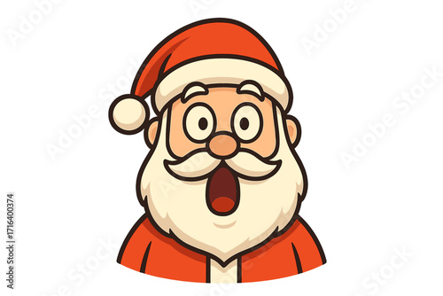 Surprised Santa Claus face vector icon. Funny Christmas cartoon character with a shocked, astonished expression. Wow emotion. Cute illustration for winter holiday design.
