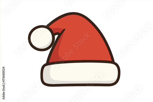 Santa Claus hat icon for Christmas holiday. Cute red winter cap. Xmas traditional costume accessory. Vector cartoon illustration isolated on white background. New Year symbol.