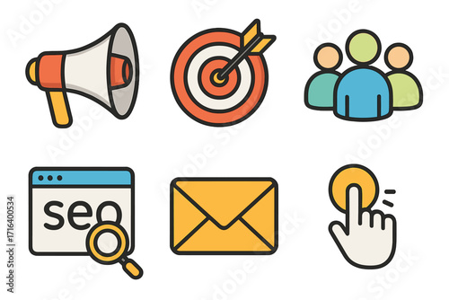 Digital marketing vector icon set. Advertising and promotion concept. Megaphone, target audience, seo, email newsletter, and pay per click (PPC) cartoon symbols.