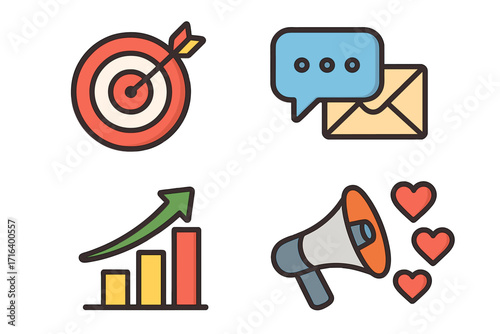 Digital marketing and SEO icon set. Target audience, customer communication, business growth chart, and social media engagement symbols. Vector cartoon illustration concept.