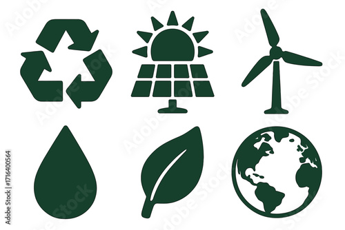 Eco-friendly icon set. Green silhouette symbols for sustainability and ecology. Vector collection includes recycling, solar panel, wind turbine, water drop, leaf, and planet earth.