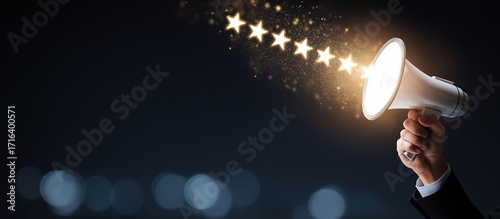 Professional hands holding a glowing elegant megaphone icon that projects 5-star ratings, symbolizing the power of positive reviews and customer testimonials.

