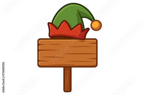 Wooden sign with elf hat, Christmas cartoon vector illustration. Blank signboard with copy space for holiday message. Festive Xmas decoration, winter season announcement.