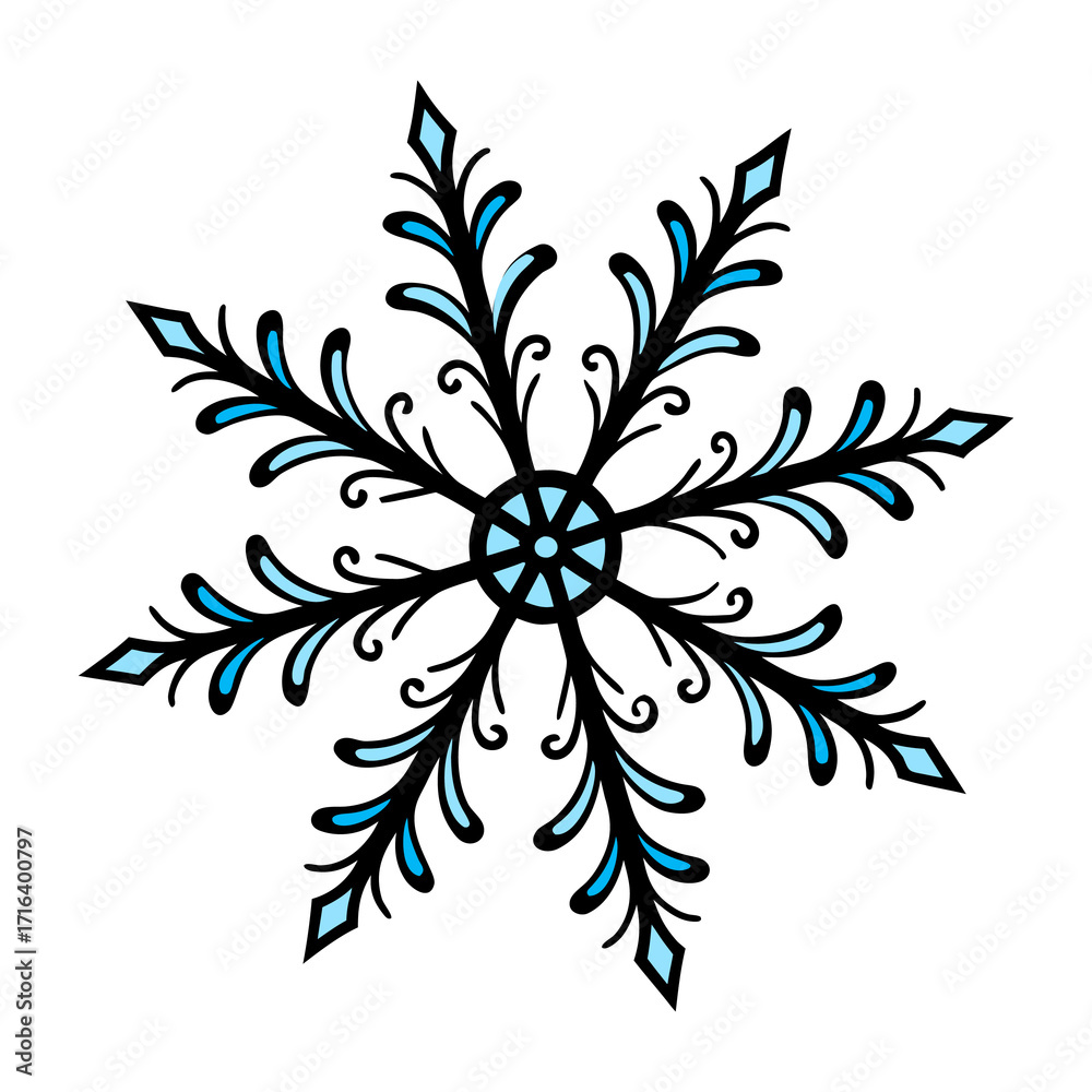 Fototapeta premium Intricate Ornate Snowflake with Swirls and Blue Accents