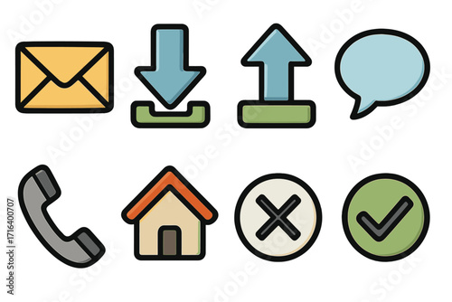 Communication icon set for web and mobile app UI design. Vector cartoon illustration. Includes email, download, upload, home, phone, chat, confirm, and cancel buttons.