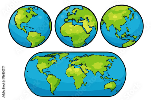 Set of colorful earth globes showing different continents with cartoon style, world map illustration, vector geography, global earth icons with transparent background, travel and education concept