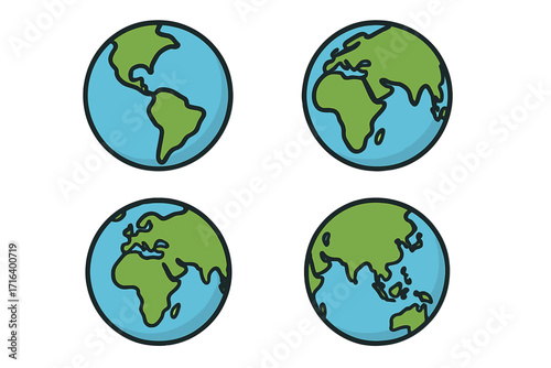 Set of globe earth icons in flat cartoon style. Vector illustration of planet from different angles showing continents. World map symbol for global, international concepts.