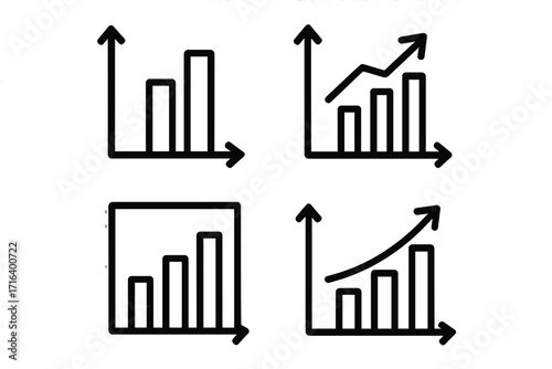 Business growth chart icons set, silhouette style vector illustration with upward trending bars and arrows, transparent background, increasing graph symbols for analytics and success concepts