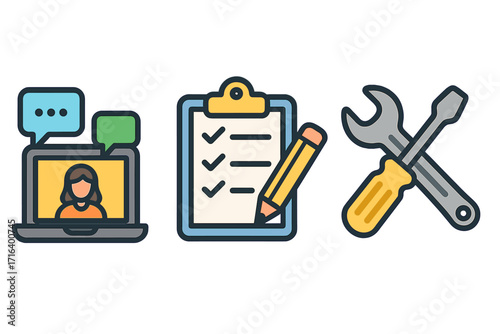 Business onboarding icon set for remote work process. Vector icons for online communication, task management, and support tools. Concept for HR, virtual teams, and setup.