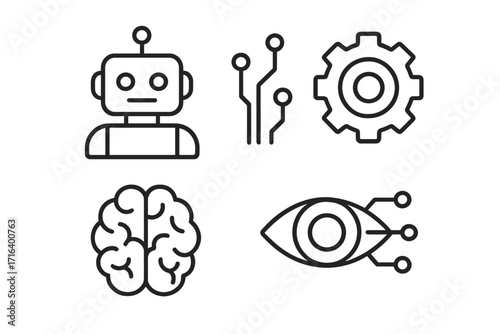AI technology icon set. Line art vector of robot, circuit, brain, bionic eye, and gear. For machine learning, deep learning, robotics, automation, and future tech concepts.