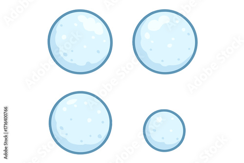 Snowball set collection. Cartoon style flat vector icons of ordered snow balls in various sizes with transparent background. Winter, cold weather, snow play icons.