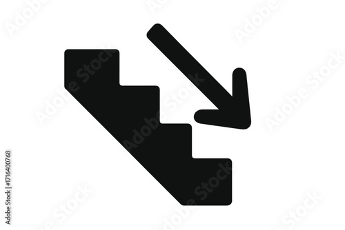 Startup icon silhouette vector illustration with descending stairs and downward arrow concept design for business growth decline or step down