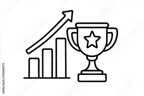 Success icon linear style with rising growth graph and trophy cup with star, vector cartoon illustration of business achievement, progress, victory, and winning concept for business growth and success