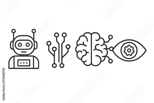 AI technology linear icon set. Robot, circuit board, brain, and computer vision eye with gear. Artificial intelligence, machine learning, and automation concept vector.
