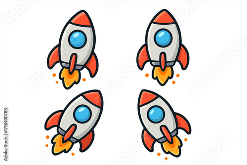 Vector cartoon rocket icon set for startup and technology concepts, colorful space shuttle illustrations with fire flames, transparent background, modern playful design pack