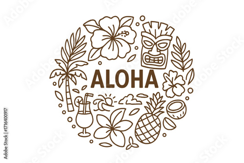 Aloha Hawaii tropical paradise banner template. Round shape with lettering and linear vector icons. Hawaiian vacation cartoon illustration with tiki, palm, and hibiscus.