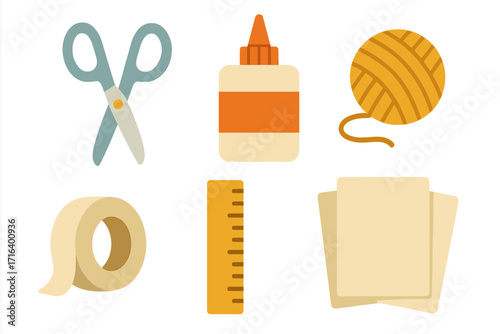 Flat design vector set of craft and school supplies. Creative hobby icons including scissors, glue, yarn, tape, ruler, and paper. DIY tools and art education elements.