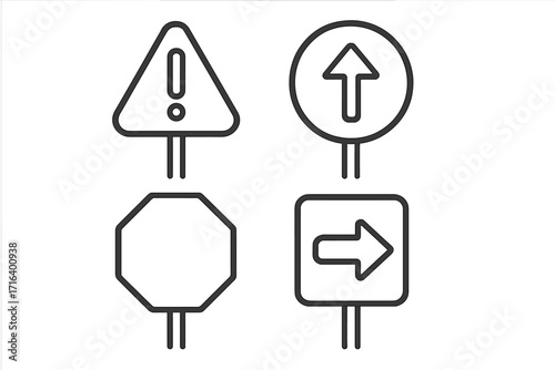 Traffic sign icons set, linear road signs vector collection, warning, directional arrow, stop octagon, right turn symbol, cartoon outline style, transparent background