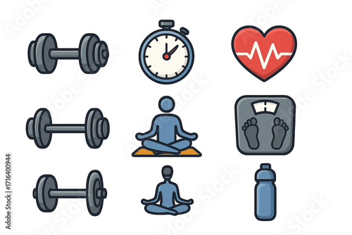 Fitness and health icon set. Vector symbols for gym workout, exercise, and wellness. Dumbbell, cardio heartbeat, yoga pose, weight loss scale, timer, water bottle.