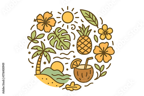 Aloha Hawaii tropical paradise banner concept. Round shape with summer vacation elements. Linear vector illustration with palm, pineapple, monstera and coconut drink icons.