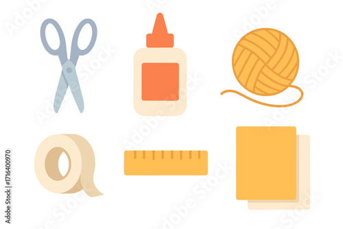 Craft tools set in flat design. Vector collection of scissors, glue, yarn, tape, ruler, and paper. Icons for DIY, handmade projects, school supplies, and creative hobbies.