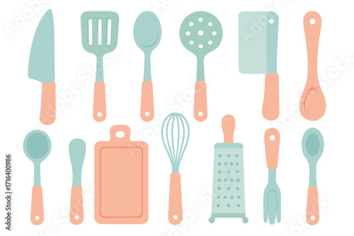 Flat kitchen utensils set in pastel colors. Vector cartoon illustration for culinary designs. Cooking tools icon collection with knife, spoon, fork, spatula, whisk, grater.