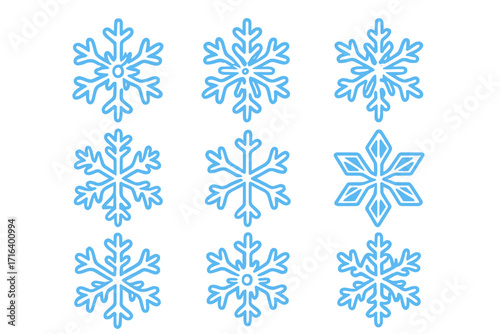 Set of isolated snowflakes collection, frost pattern icons, Christmas winter decoration, cartoon vector illustration with transparent background, ordered design elements