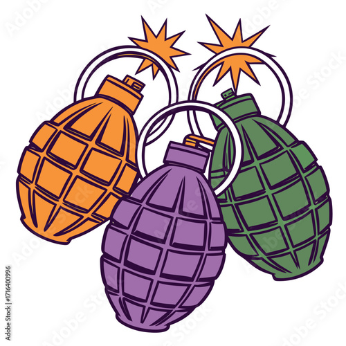 Three hand grenades with pins pulled explosive devices Vector illustration Pop art style Isolated on white background