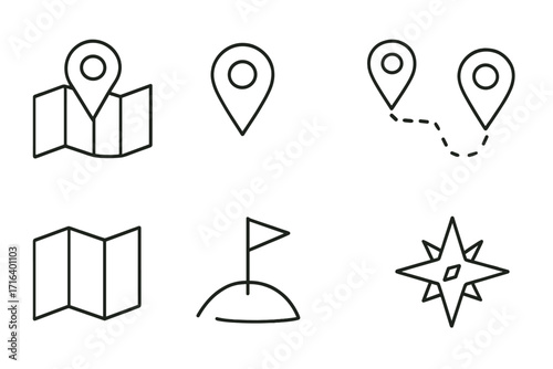 Travel icons set with map location pins, navigation markers, and compass symbols. Linear vector illustration with transparent background. Map navigation symbols collection for travel and direction.