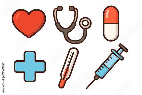 Healthcare medical icon set with heart, stethoscope, pill, cross, thermometer, syringe. Cartoon vector illustration for pharmacy, hospital, first aid. Medicine symbols.