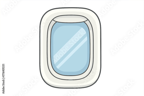 Airplane window vector illustration. Aircraft porthole with blue sky view, isolated. Travel, vacation, journey by air concept. Aviation tourism, air transportation design element.
