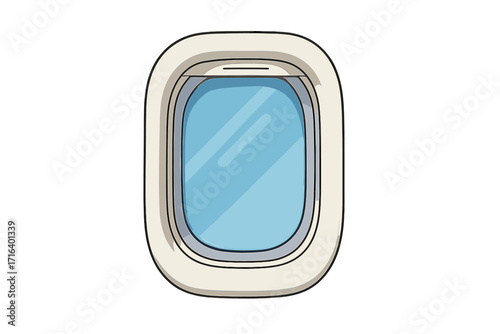 Airplane window vector illustration. Plane porthole isolated on white. Travel, flight and tourism concept. Aviation journey symbol for design. Aircraft cabin sky view mockup.