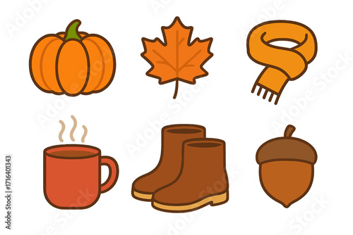 Autumn fall icon set collection. Vector essentials for cozy seasonal design. Pumpkin, maple leaf, scarf, hot drink mug, boots, and acorn elements in flat cartoon style.