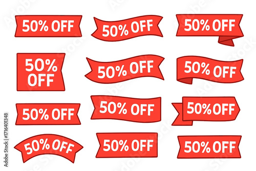 Sale 50% off sticker collection. Red ribbon banner set for promotion and discount. Special offer tags. Price label for shopping. Flat cartoon vector illustration isolated.