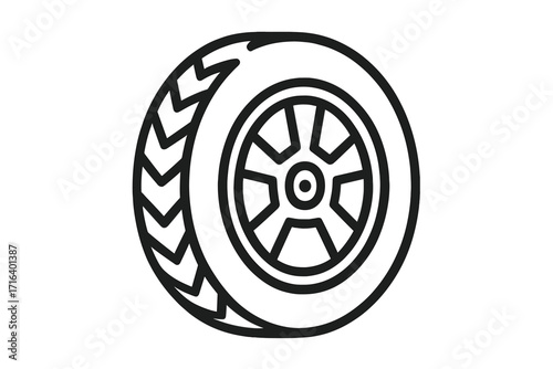 Wheel and tire icon, linear symbol, vector cartoon illustration with transparent background, automotive rim, tire tread design, vehicle accessory, transport element, car part, wheel set
